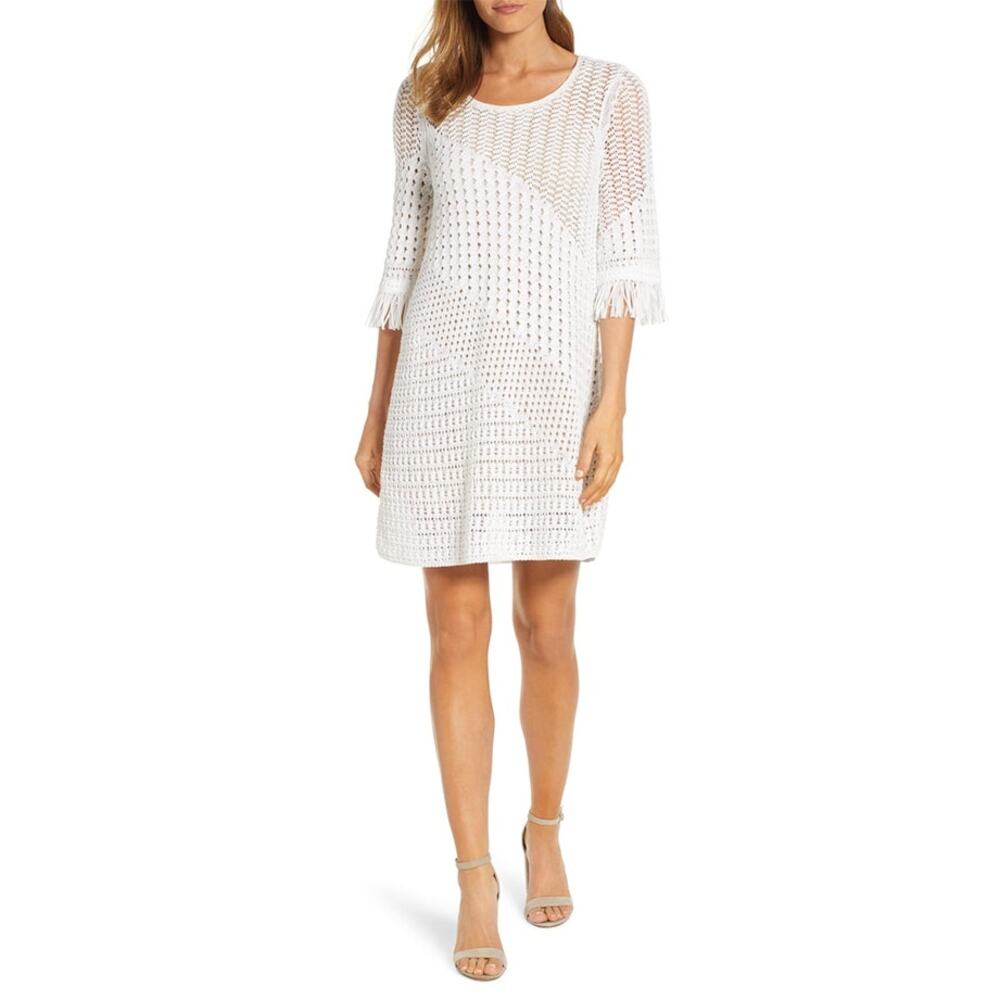 NIC+ZOE White Crochet Fringe Hem 3/4 Sleeve Shift Resort Mini Dress S Nude Slip